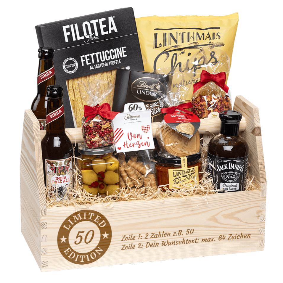 Geschenkkorb graviert mit deinem Wunschtext. Gefüllt mit Gourmet Spezialitäten speziell für den Mann. Motiv Geburtstag Limited Edition. 