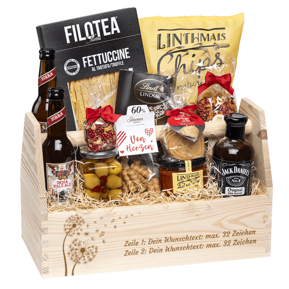 Geschenkkorb graviert mit deinem Wunschtext. Gefüllt mit Gourmet Spezialitäten speziell für den Mann. Motiv Pusteblume.