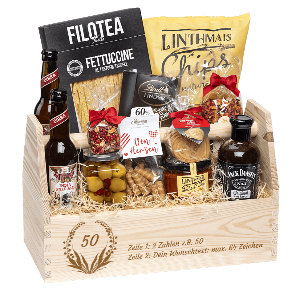 Geschenkkorb graviert mit deinem Wunschtext. Gefüllt mit Gourmet Spezialitäten speziell für den Mann. Motiv Geburtstag.