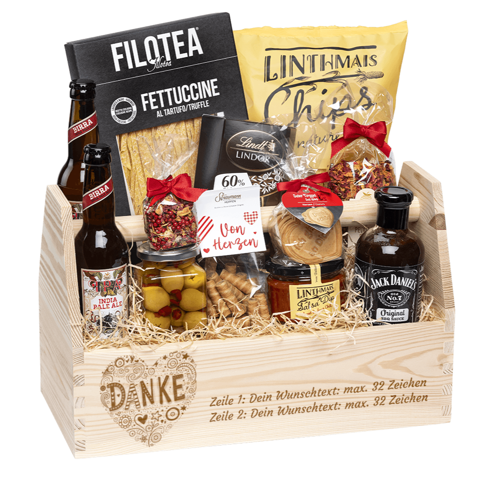 Geschenkkorb graviert mit deinem Wunschtext. Gefüllt mit Gourmet Spezialitäten speziell für den Mann. Motiv Danke.