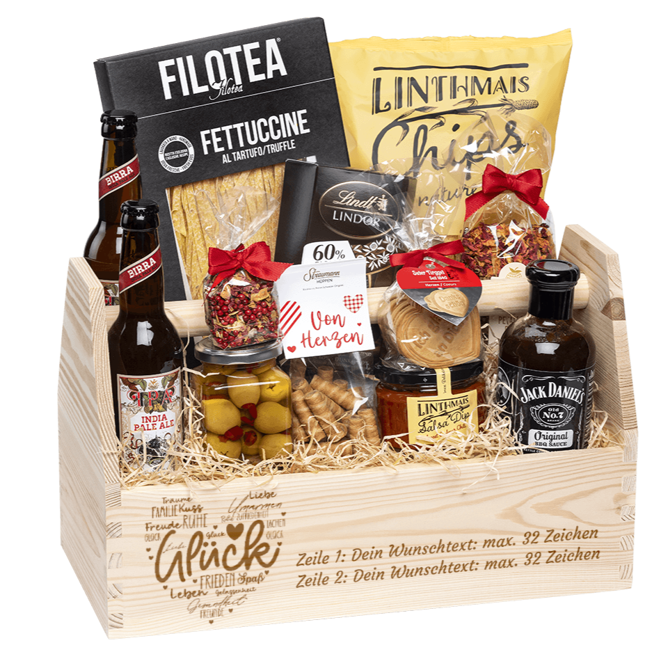 Geschenkkorb graviert mit deinem Wunschtext. Gefüllt mit Gourmet Spezialitäten speziell für den Mann. Motiv Glück.