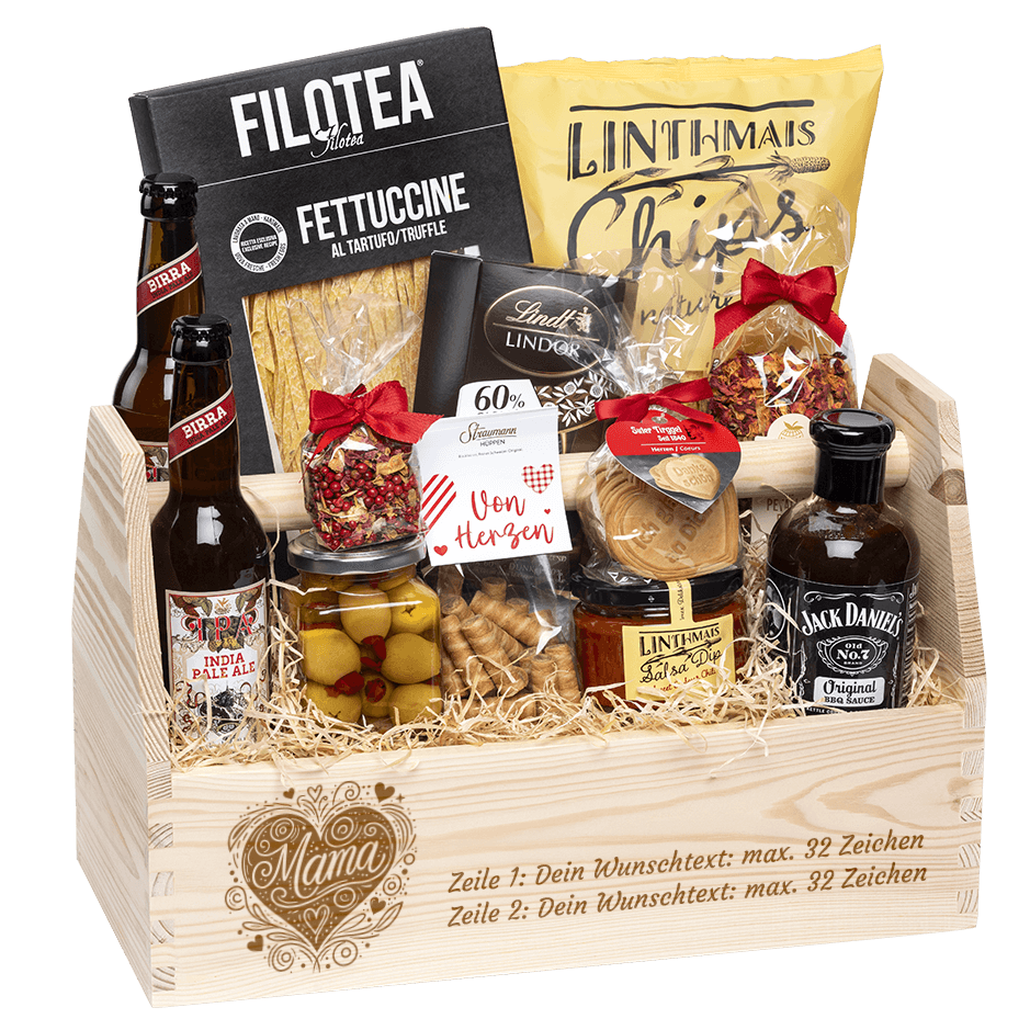 Geschenkkorb graviert mit deinem Wunschtext. Gefüllt mit Gourmet Spezialitäten speziell für den Mann. Motiv Mama.