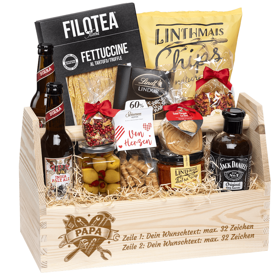 Geschenkkorb graviert mit deinem Wunschtext. Gefüllt mit Gourmet Spezialitäten speziell für den Mann. Motiv Geburtstag Papa.