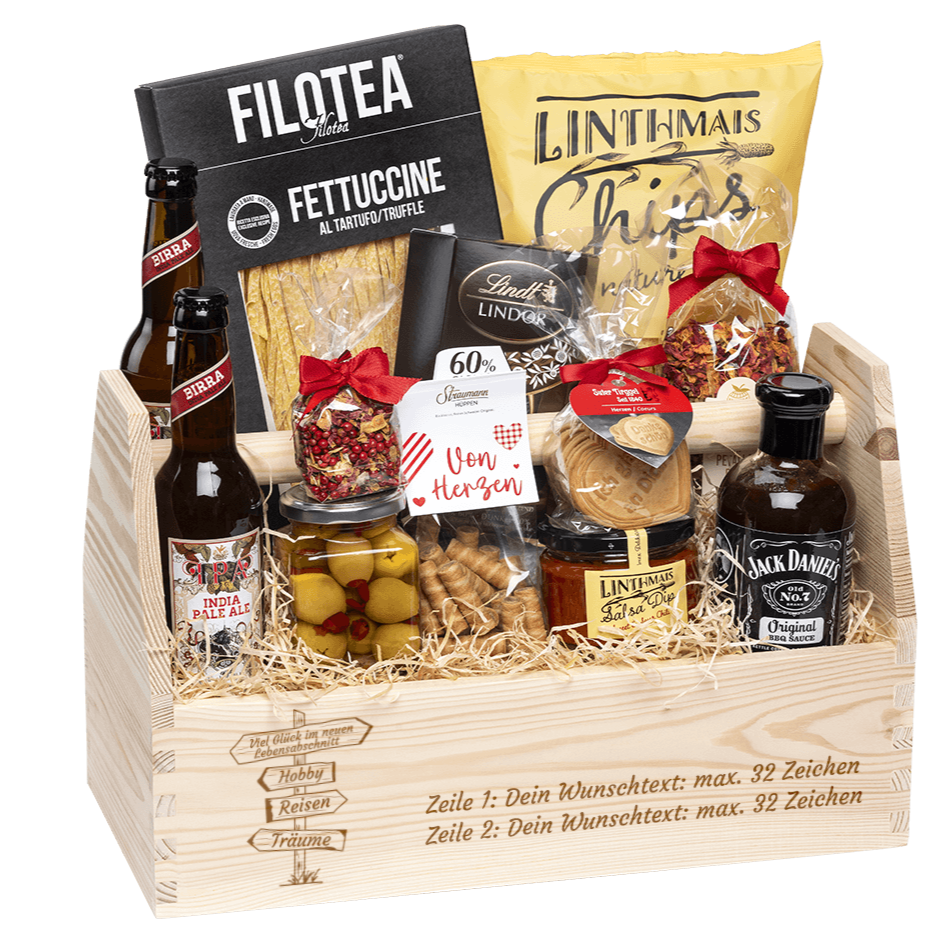 Geschenkkorb graviert mit deinem Wunschtext. Gefüllt mit Gourmet Spezialitäten speziell für den Mann. Motiv Pension.