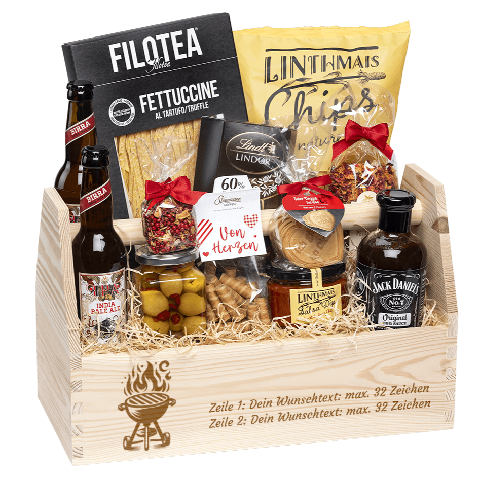 Geschenkkorb graviert mit deinem Wunschtext. Gefüllt mit Gourmet Spezialitäten speziell für den Mann. Motiv Grill.