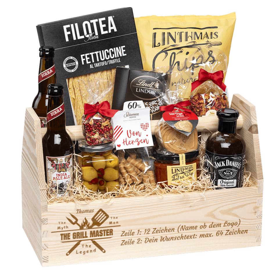 Geschenkkorb graviert mit deinem Wunschtext. Gefüllt mit Gourmet Spezialitäten speziell für den Mann. Motiv The Grill Master.