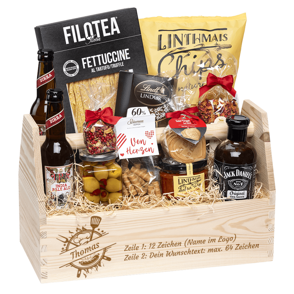 Geschenkkorb graviert mit deinem Wunschtext. Gefüllt mit Gourmet Spezialitäten speziell für den Mann. Motiv Grill. 
