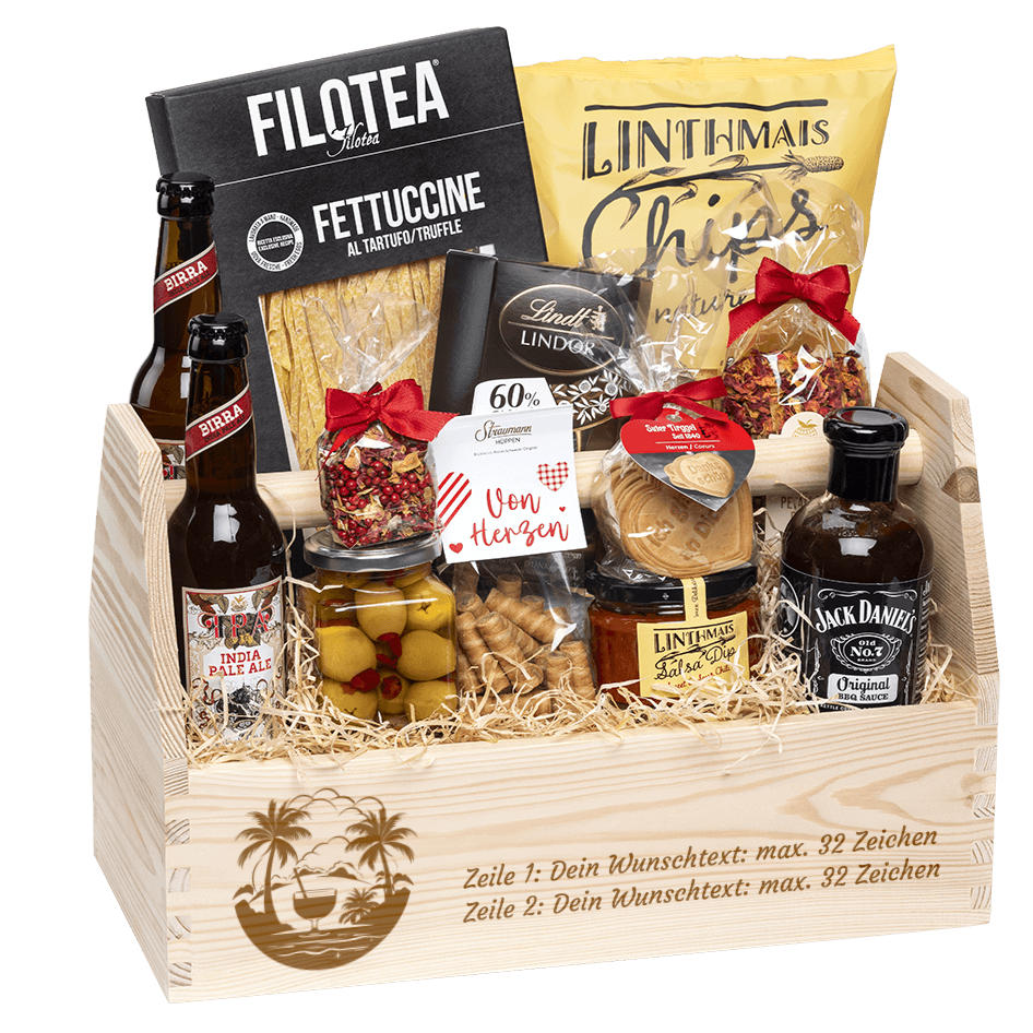 Geschenkkorb graviert mit deinem Wunschtext. Gefüllt mit Gourmet Spezialitäten speziell für den Mann. Motiv Pension / Ferien