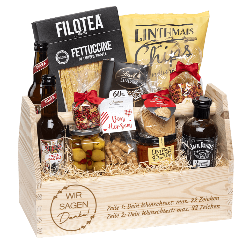 Geschenkkorb graviert mit deinem Wunschtext. Gefüllt mit Gourmet Spezialitäten speziell für den Mann. Motiv "Wir sagen Danke" für Firmen