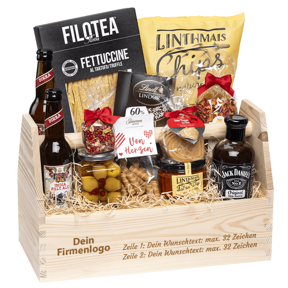 Geschenkkorb graviert mit deinem Wunschtext. Gefüllt mit Gourmet Spezialitäten speziell für den Mann. Motiv "Dein Firmenlogo"
