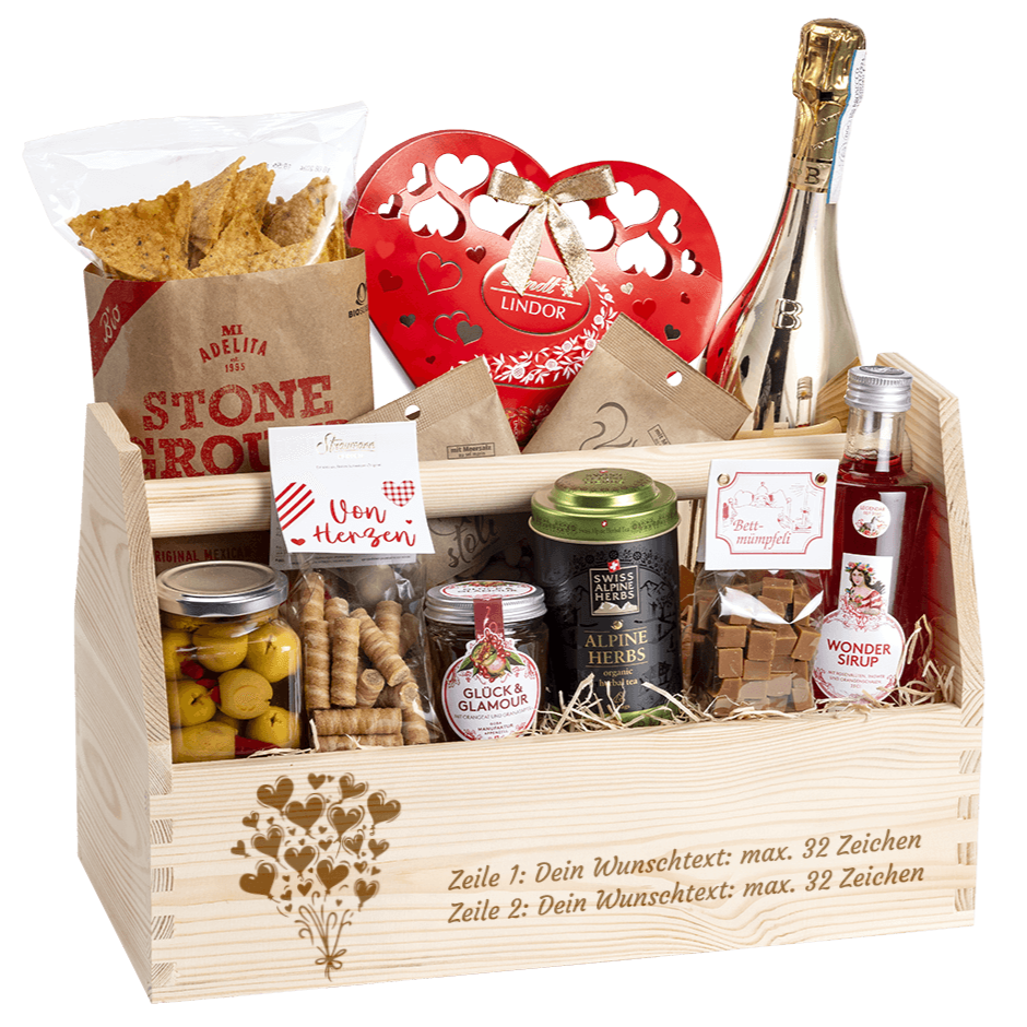 Der Geschenkkorb wird mit Wunsch Motiv und Text versehen. 