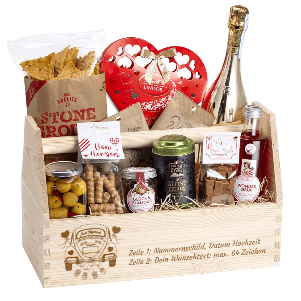 Der personalisierte Geschenkkorb für das Hochzeitsfest. Das Motiv und Text kann nach eigenen wünschen erstellt werden. 