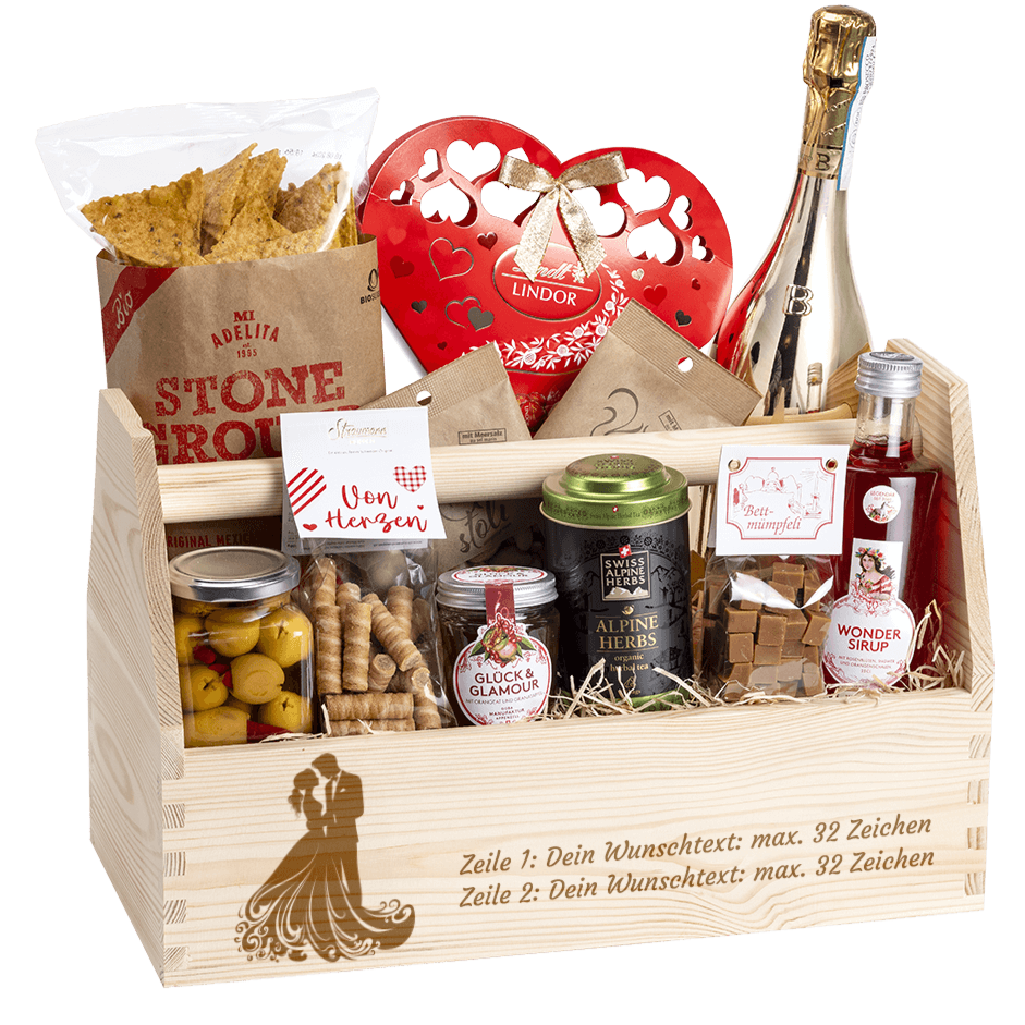 Der Ideale Geschenkkorb zur Hochzeit. Graviert mit dem Bild Brautpaar und dem Wunschtext. 