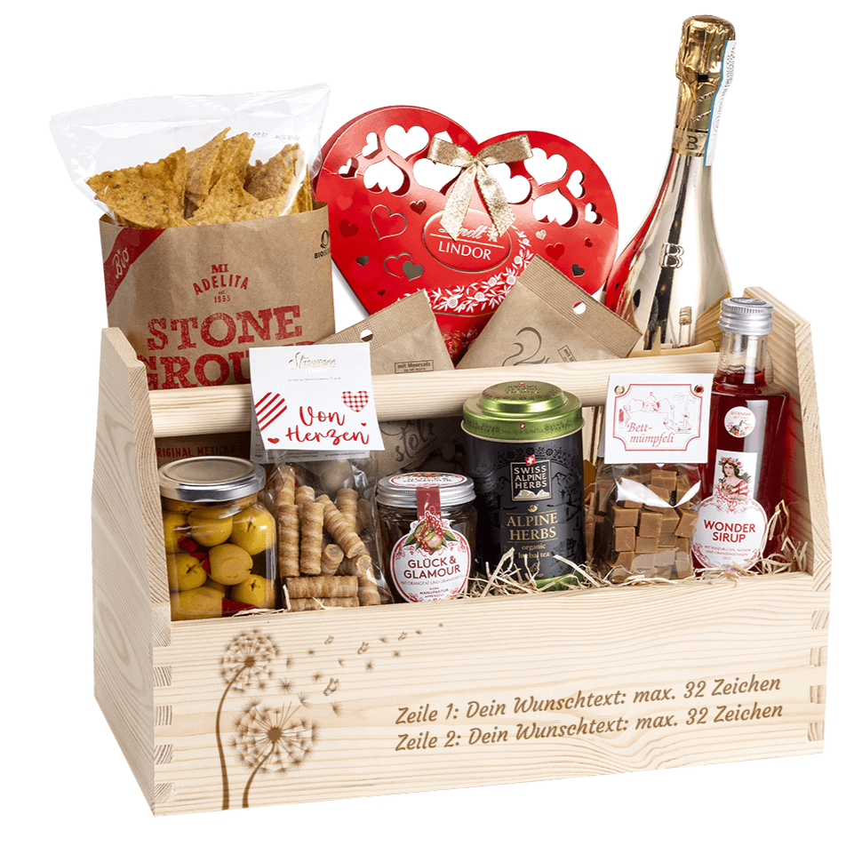 Geschenkkorb graviert mit deinem Wunschtext. Gefüllt mit vielen Gourmet Spezialitäten. Motiv Pusteblume