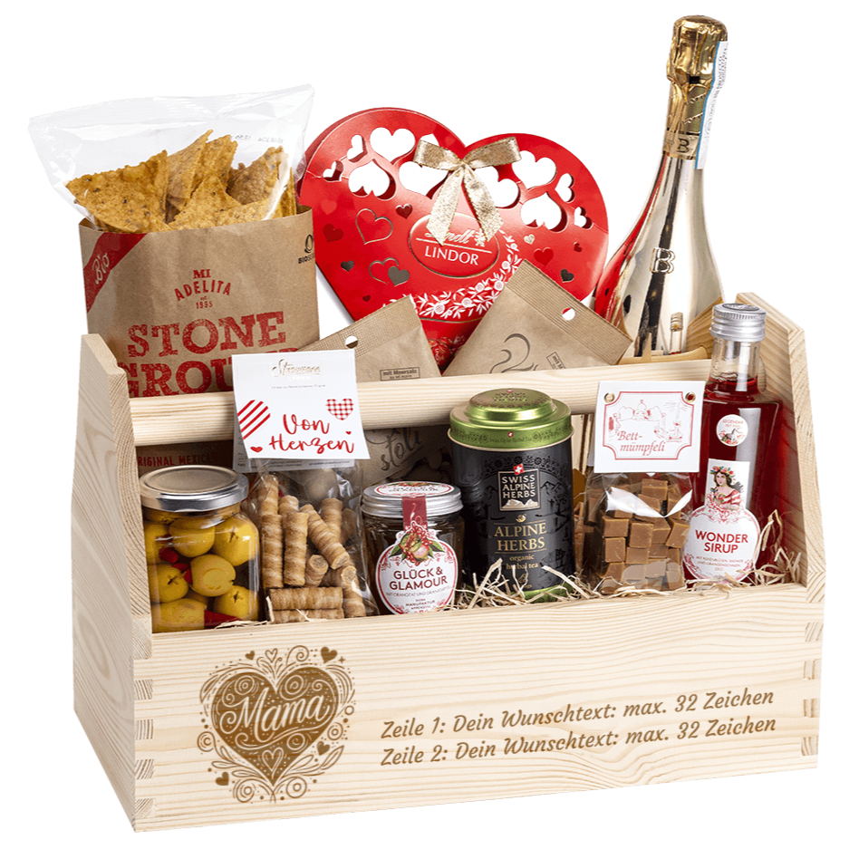Geschenkkorb graviert mit deinem Wunschtext. Gefüllt mit vielen Gourmet Spezialitäten. Motiv Mama