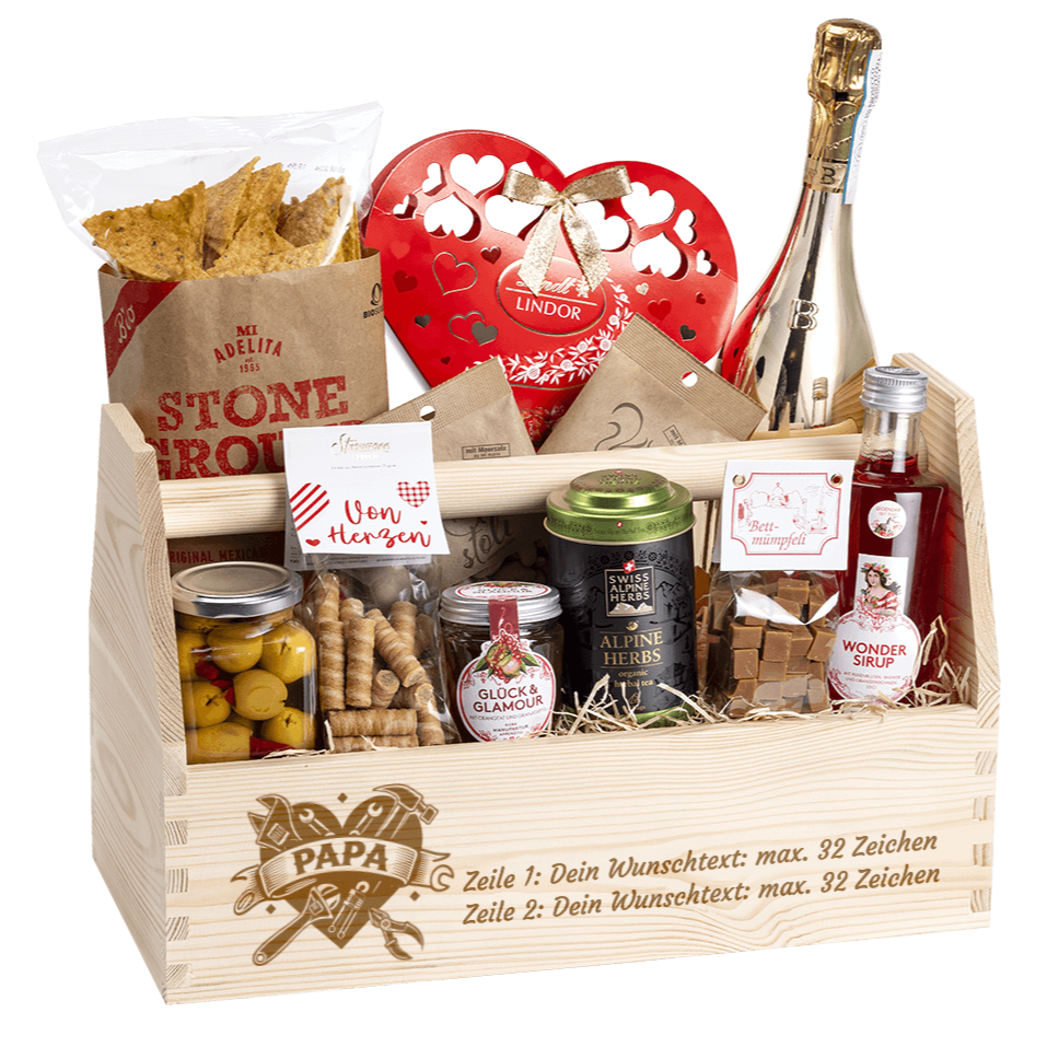 Geschenkkorb graviert mit deinem Wunschtext. Gefüllt mit vielen Gourmet Spezialitäten. Motiv Papa