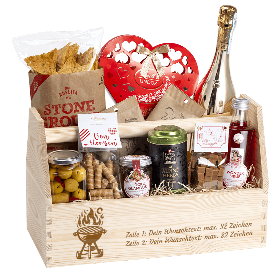 Geschenkkorb graviert mit deinem Wunschtext. Gefüllt mit vielen Gourmet Spezialitäten. Motiv Grill