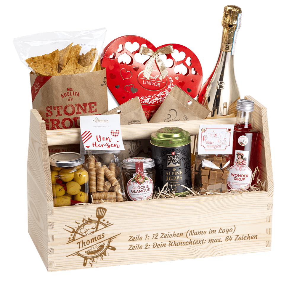 Geschenkkorb graviert mit deinem Wunschtext. Gefüllt mit vielen Gourmet Spezialitäten. Motiv Grill
