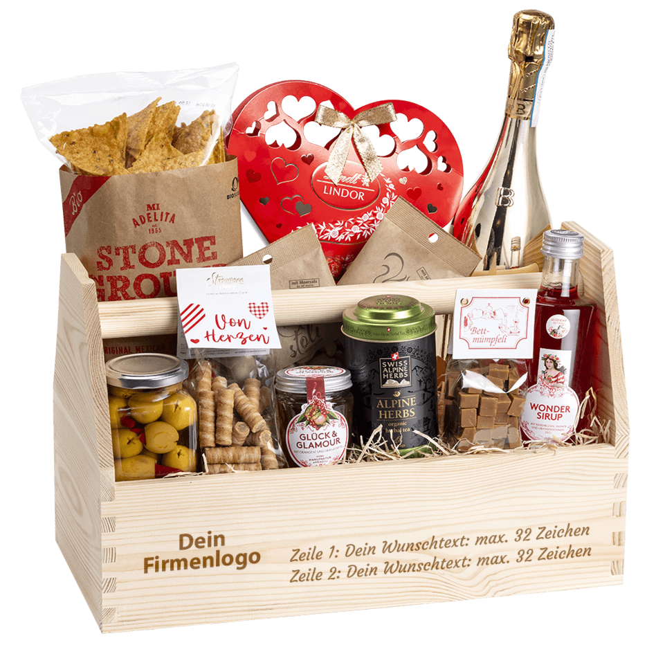 Geschenkkorb graviert mit deinem Wunschtext. Gefüllt mit vielen Gourmet Spezialitäten. Motiv Firmenlogo