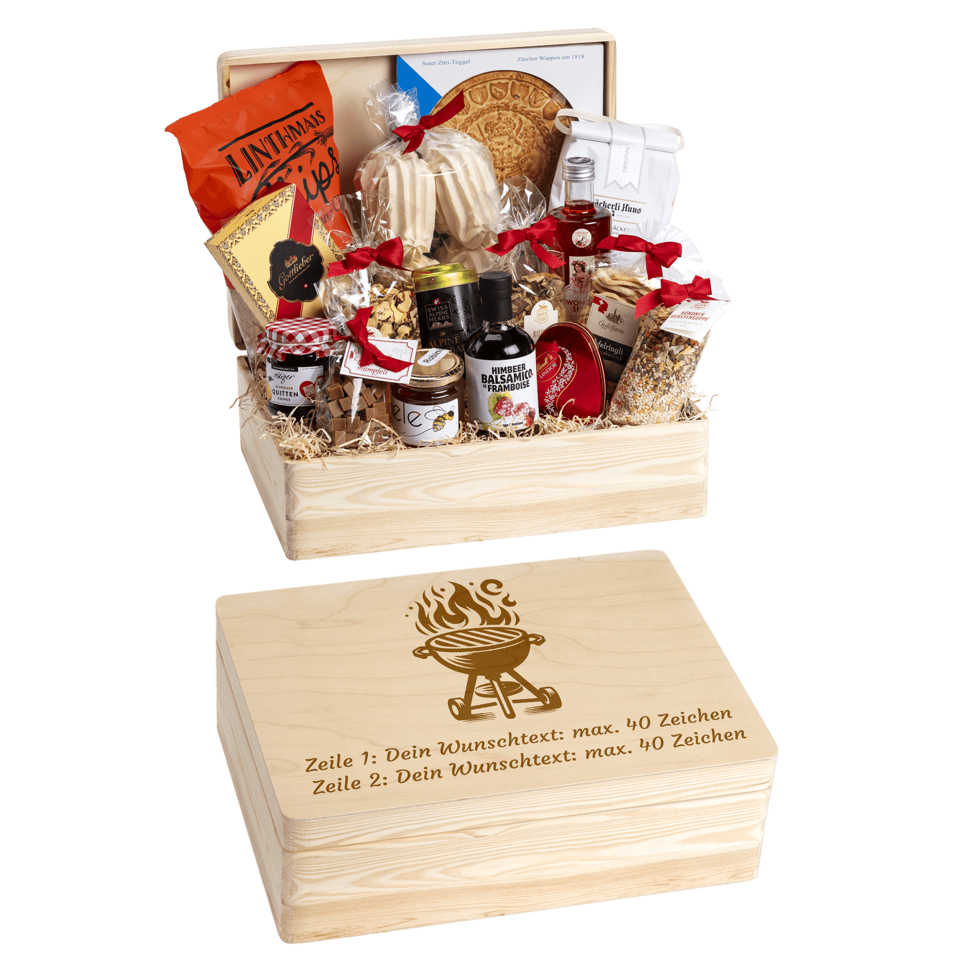 Holzbox mit regionalen Spezialitäten aus der Schweiz. Wunschtext und Wunsch-Sujet kann auf die Box graviert werden. Das personalisierte Geschenk für die nächste Einladung zum Grillieren.