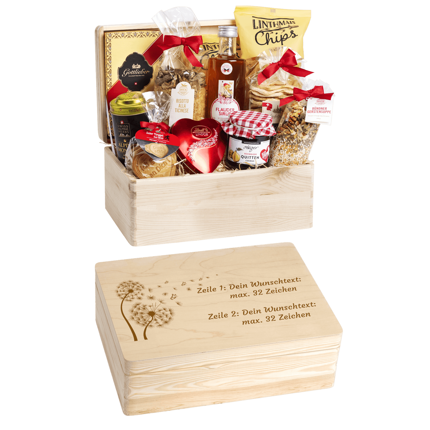 Gravierte Holzbox mit Sujet Pusteblume. Gefüllt mit regionalen Spezialitäten aus der Schweiz. Das Ideale Geschenk zur Hochzeit.