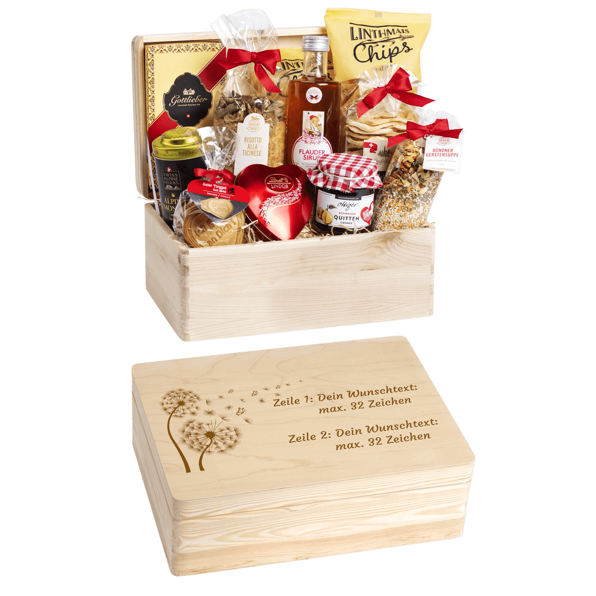Gravierte Holzbox mit Sujet Pusteblume. Gefüllt mit regionalen Spezialitäten aus der Schweiz. Das Ideale Geschenk zur Hochzeit.