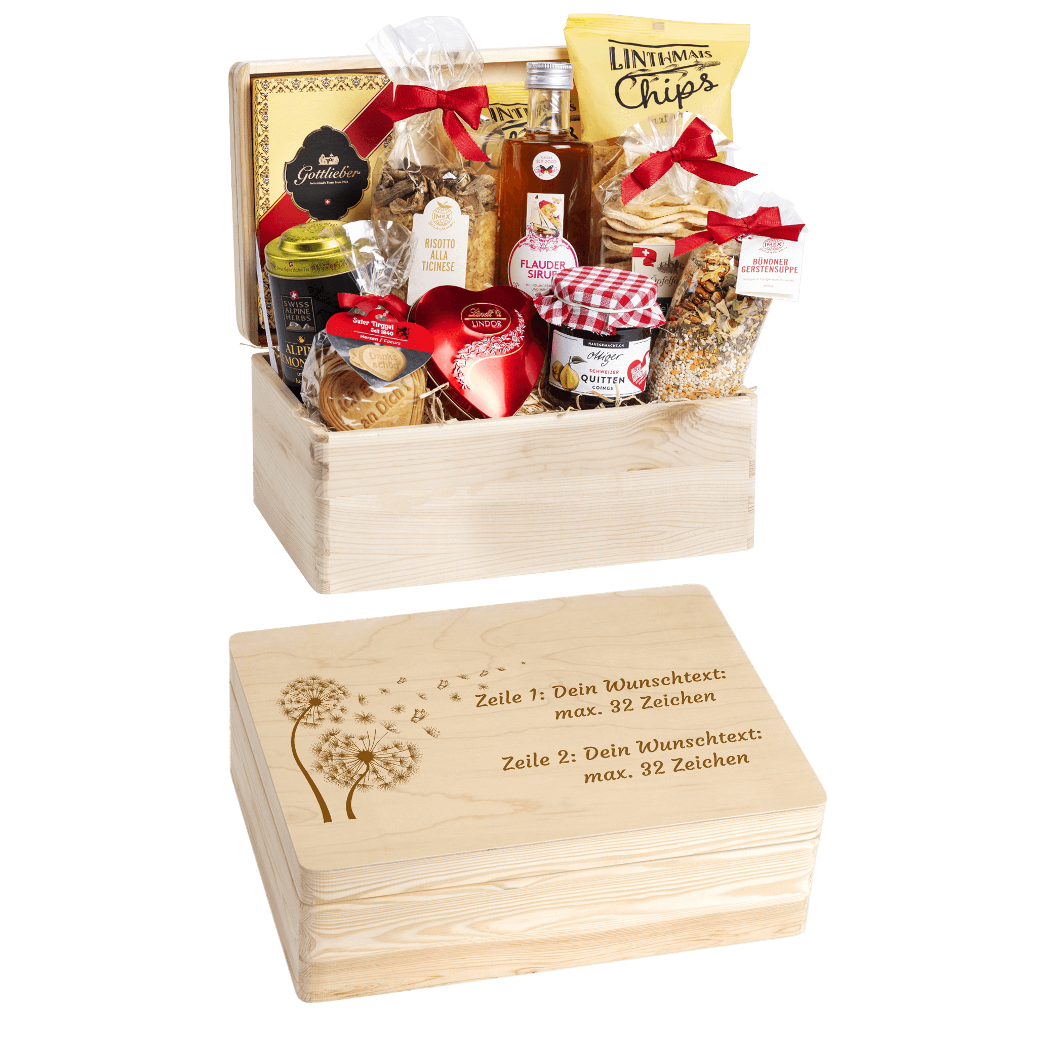 Gravierte Holzbox mit Sujet Pusteblume. Gefüllt mit regionalen Spezialitäten aus der Schweiz. Das Ideale Geschenk zur Hochzeit.