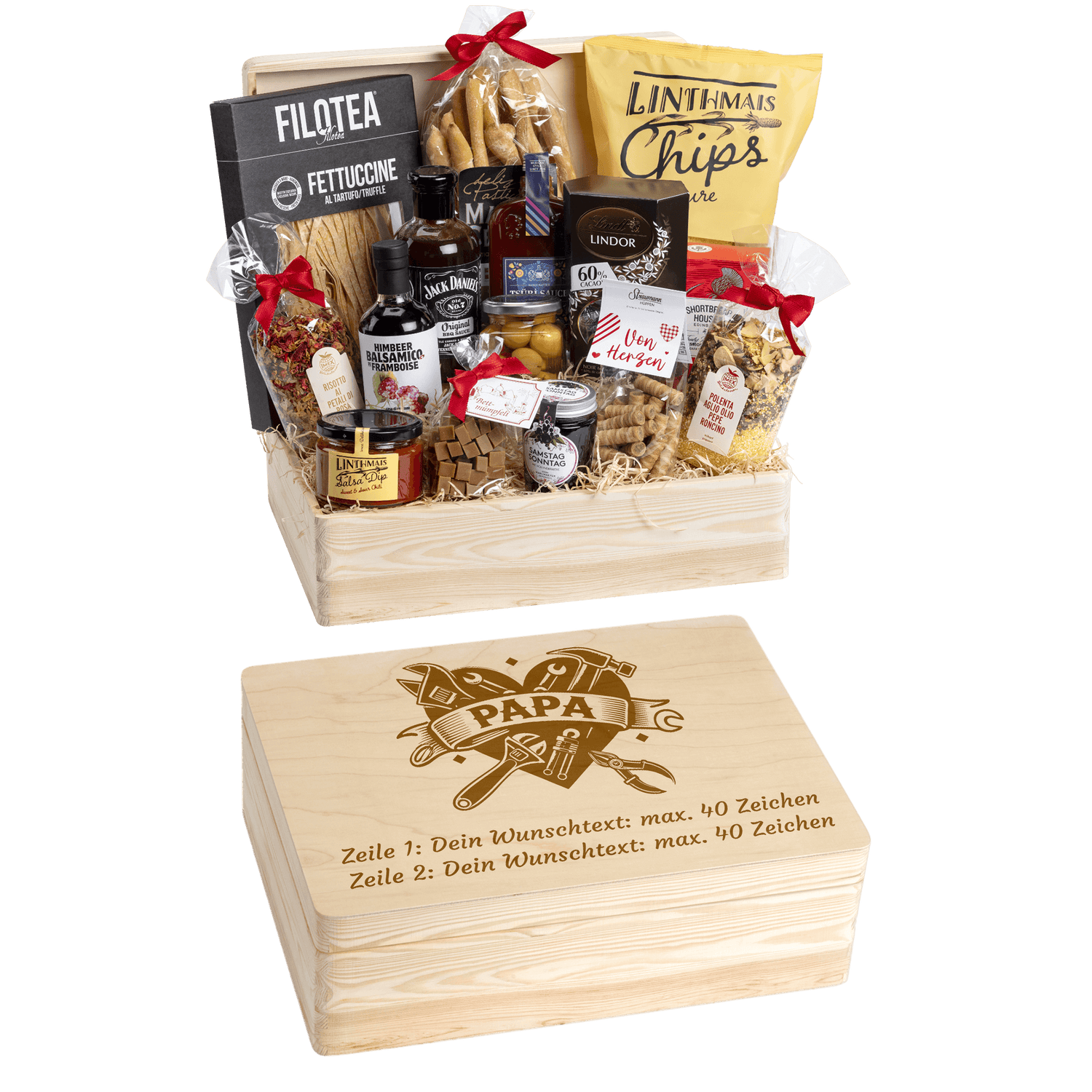 Holzbox kann mit Wunschtext und Wunsch-Sujet graviert werden. Auf der Holzbox ist das Sujet "Papa" graviert. Das ideale personalisierte Geschenk für Papa. 