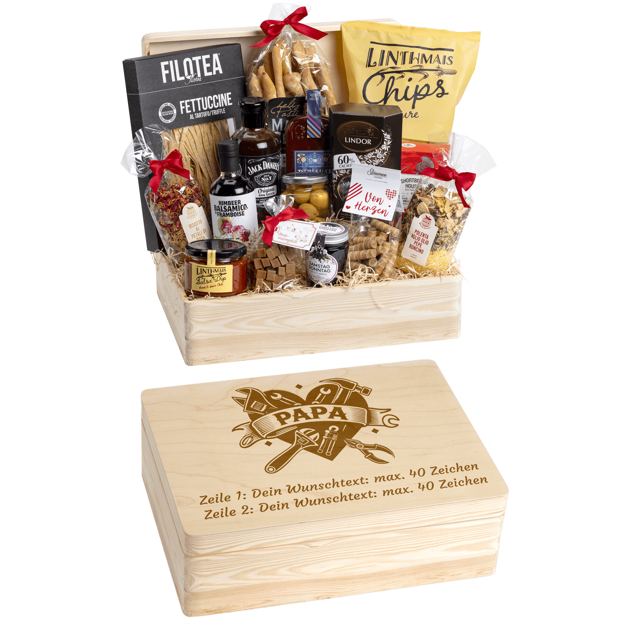 Holzbox kann mit Wunschtext und Wunsch-Sujet graviert werden. Auf der Holzbox ist das Sujet "Papa" graviert. Das ideale personalisierte Geschenk für Papa. 