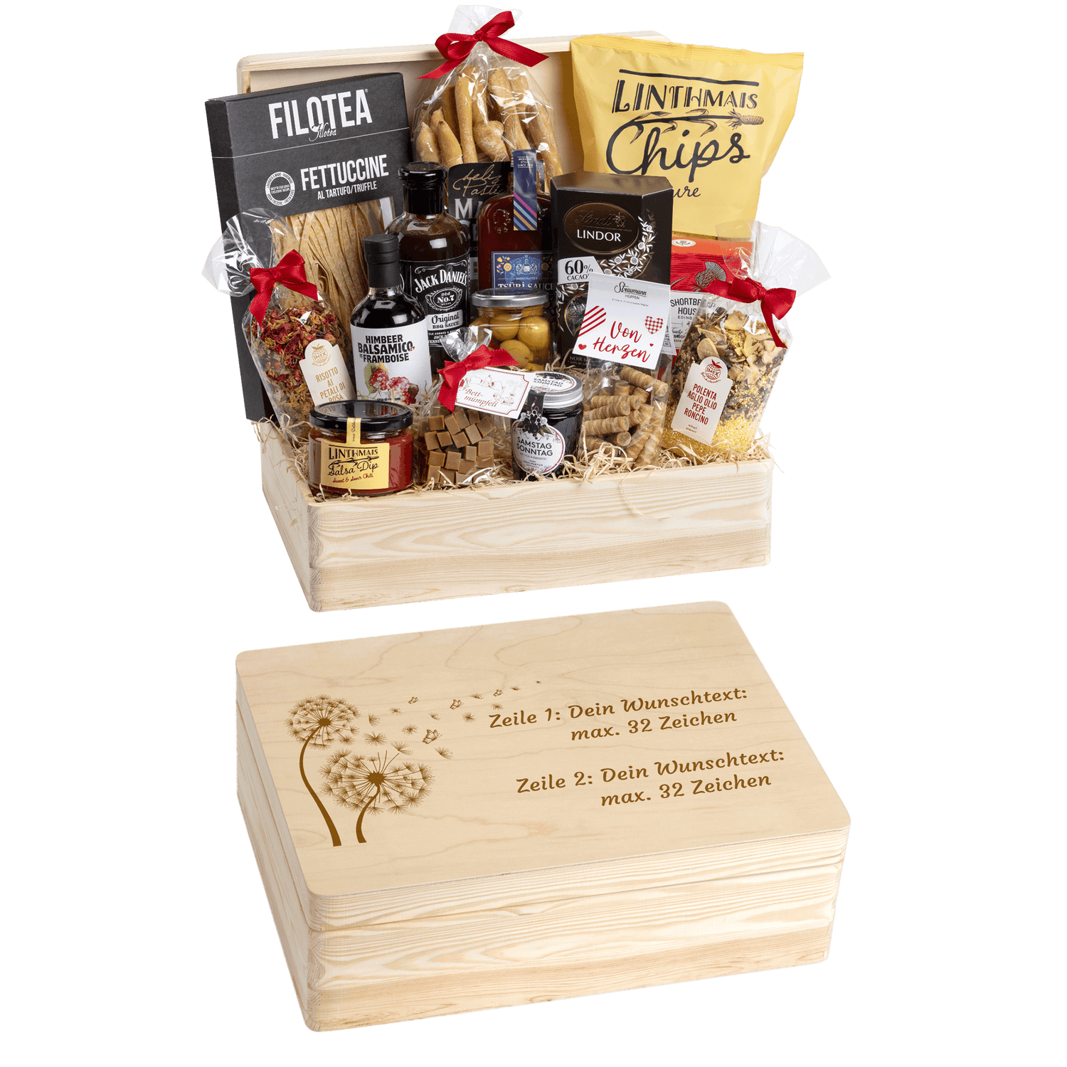 Holzbox kann mit Wunschtext und Wunsch-Sujet graviert werden. Auf der Holzbox ist das Sujet "Pusteblume" graviert. Das ideale personalisierte Geschenk zum Geburtstag. 