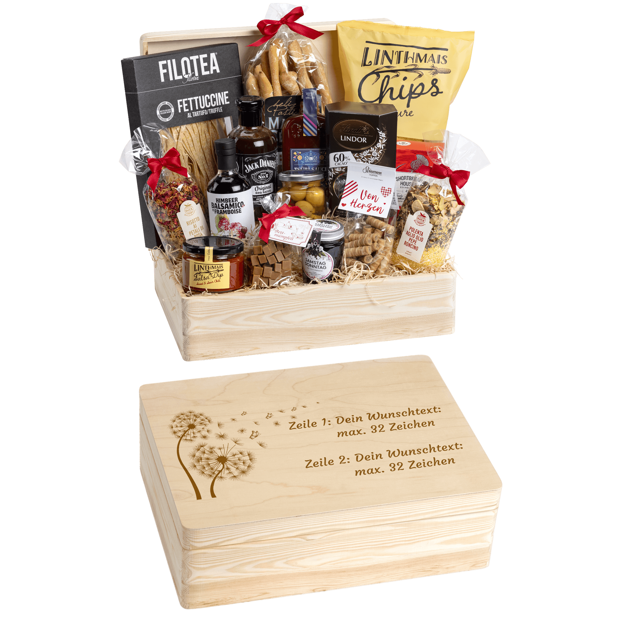 Holzbox kann mit Wunschtext und Wunsch-Sujet graviert werden. Auf der Holzbox ist das Sujet "Pusteblume" graviert. Das ideale personalisierte Geschenk zum Geburtstag. 