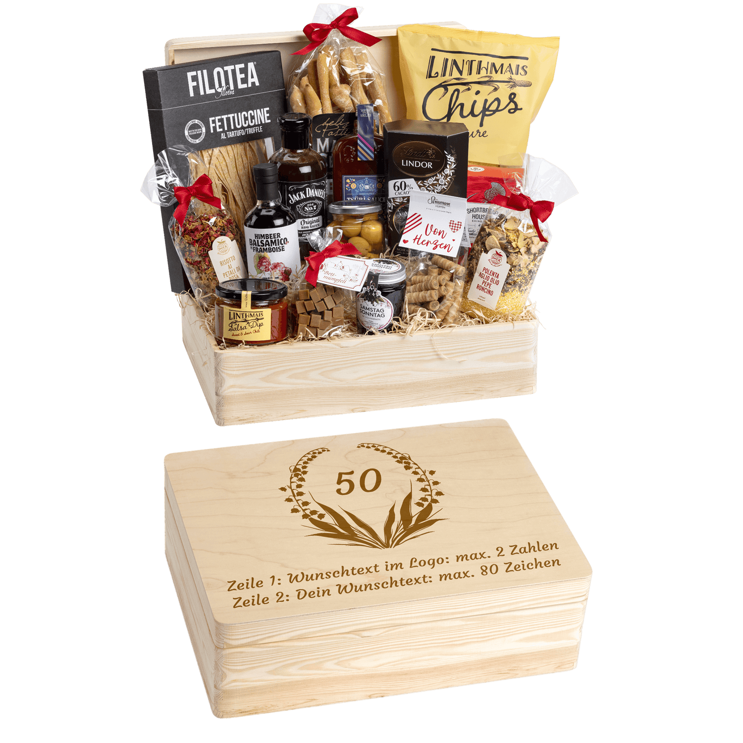 Holzbox kann mit Wunschtext und Wunsch-Sujet graviert werden. Auf der Holzbox ist das Sujet "Blumenkranz" graviert. Das ideale personalisierte Geschenk zum Geburtstag.