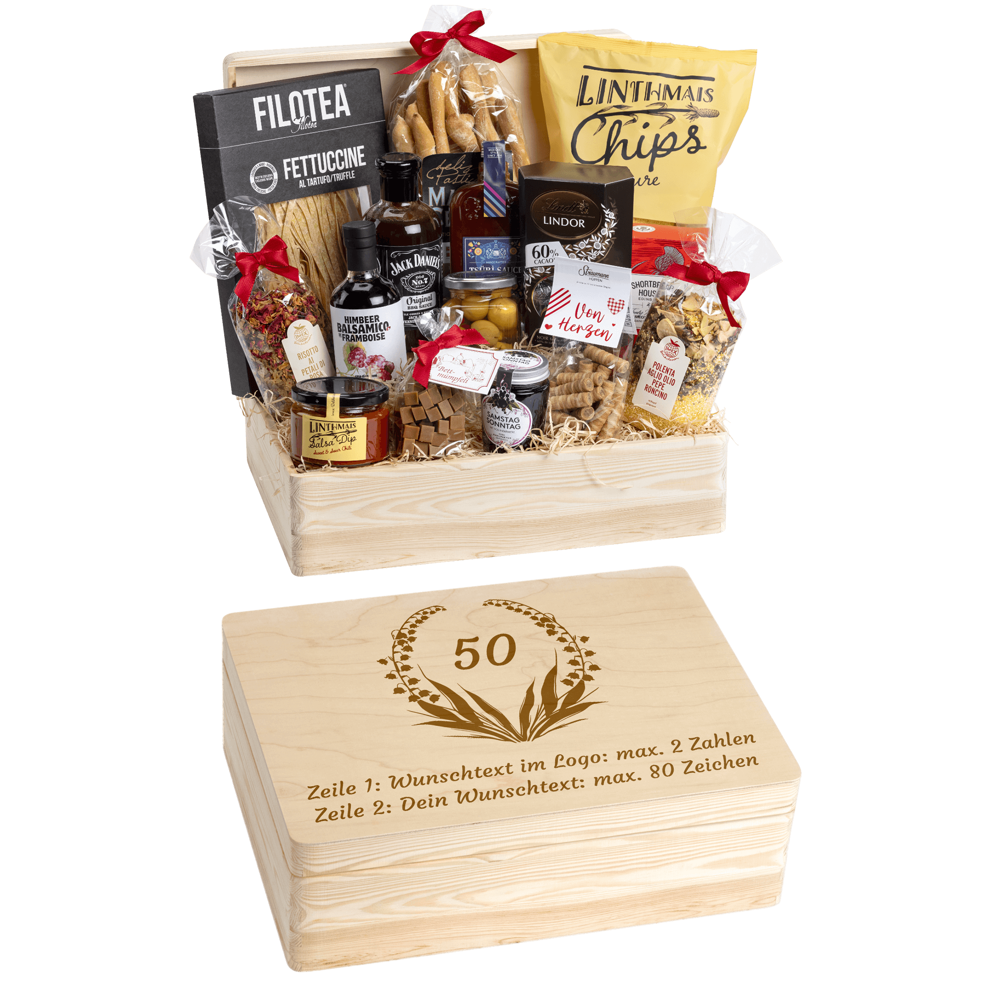 Holzbox kann mit Wunschtext und Wunsch-Sujet graviert werden. Auf der Holzbox ist das Sujet "Blumenkranz" graviert. Das ideale personalisierte Geschenk zum Geburtstag.