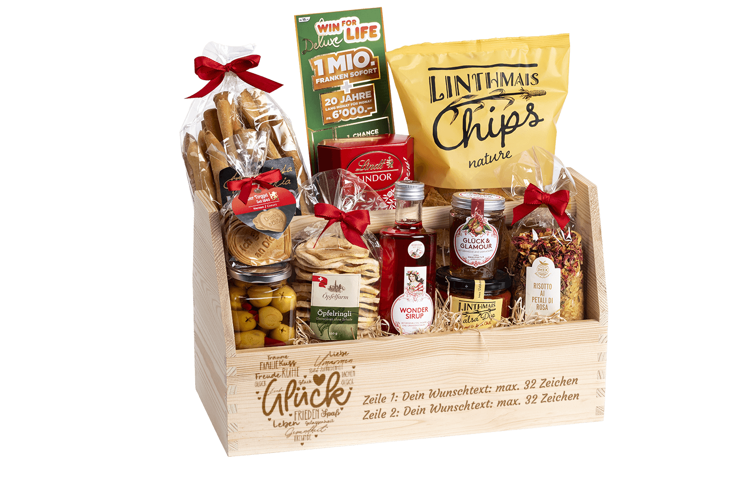 Personalisierte und gravierte Geschenkbox aus Holz. Versehen mit Wunschtext und Wunschbild. Motiv Glück