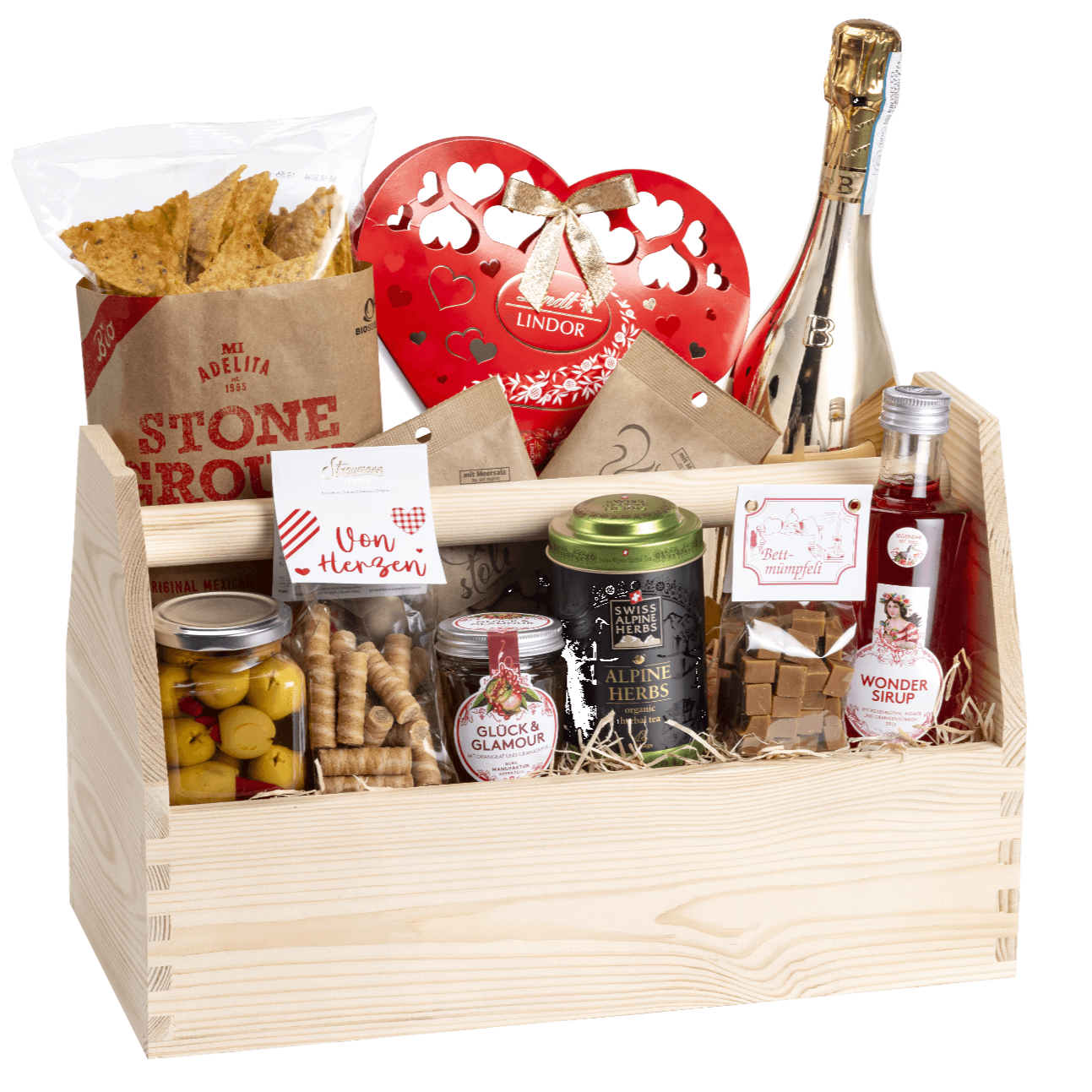 Der personalisierte Geschenkkorb, Motiv wie auch Text kann nach belieben bestimmt werden. 