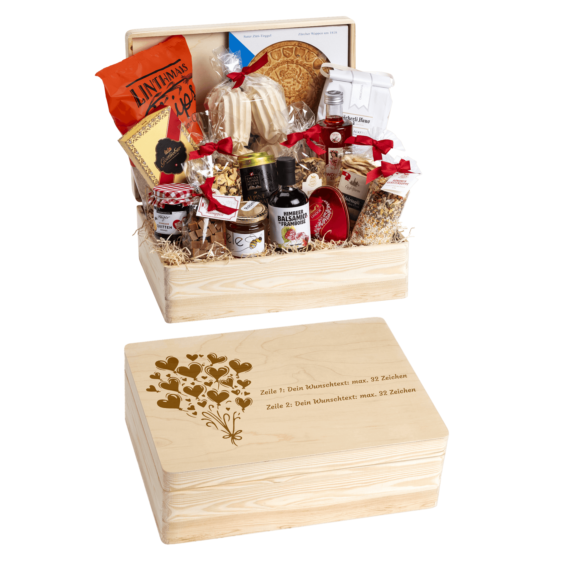 Holzbox mit regionalen Spezialitäten aus der Schweiz. Wunschtext und Wunsch-Sujet kann auf die Box graviert werden. Das personalisierte Geschenk zur Hochzeit oder zu Geburtstag. 