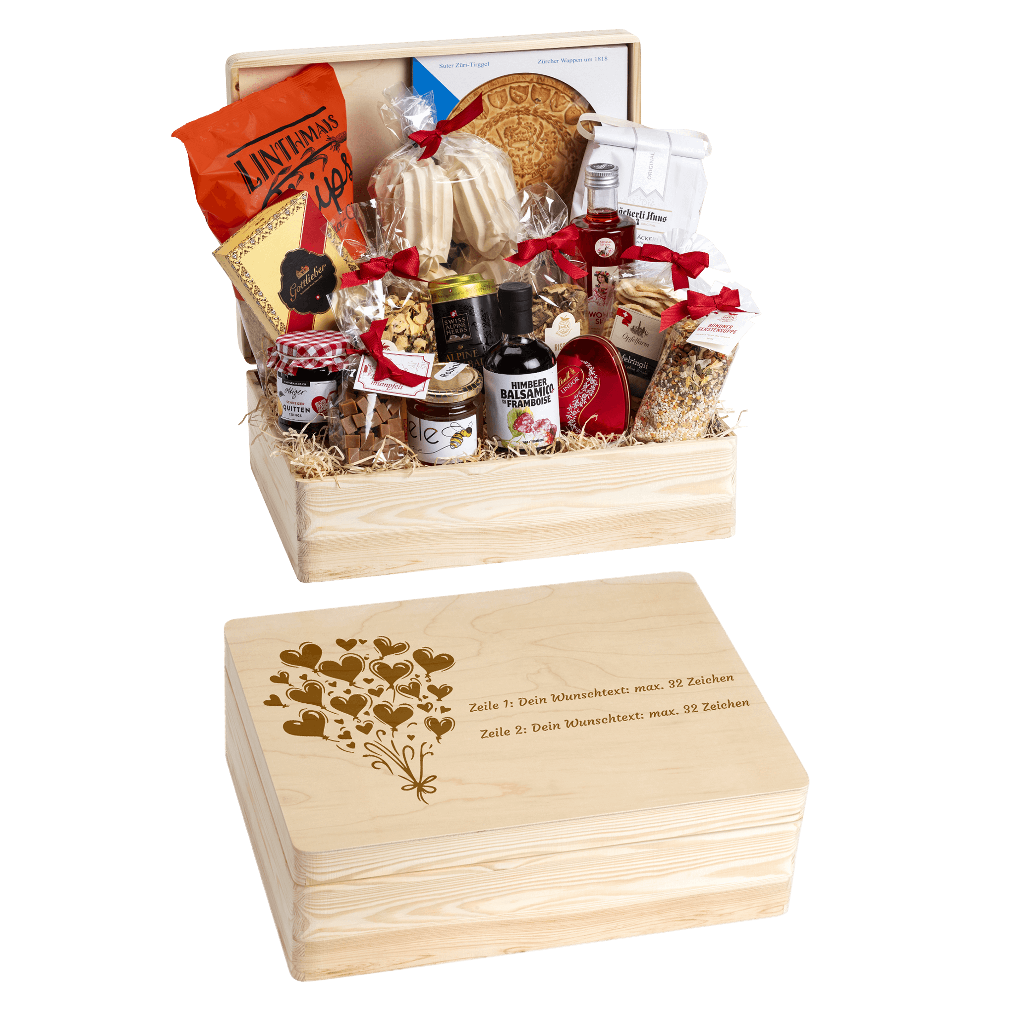 Holzbox mit regionalen Spezialitäten aus der Schweiz. Wunschtext und Wunsch-Sujet kann auf die Box graviert werden. Das personalisierte Geschenk zur Hochzeit oder zu Geburtstag. 