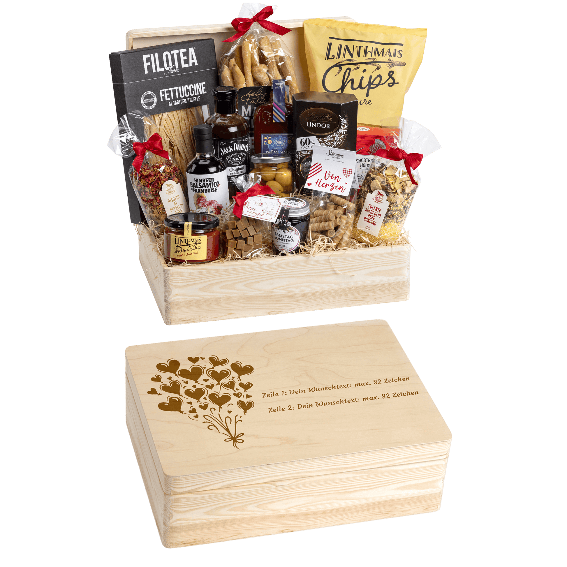 Holzbox kann mit Wunschtext und Wunsch-Sujet graviert werden. Auf der Holzbox ist das Sujet "Herz-Ballone" graviert. Das personalisierte Geschenk zur Hochzeit. 