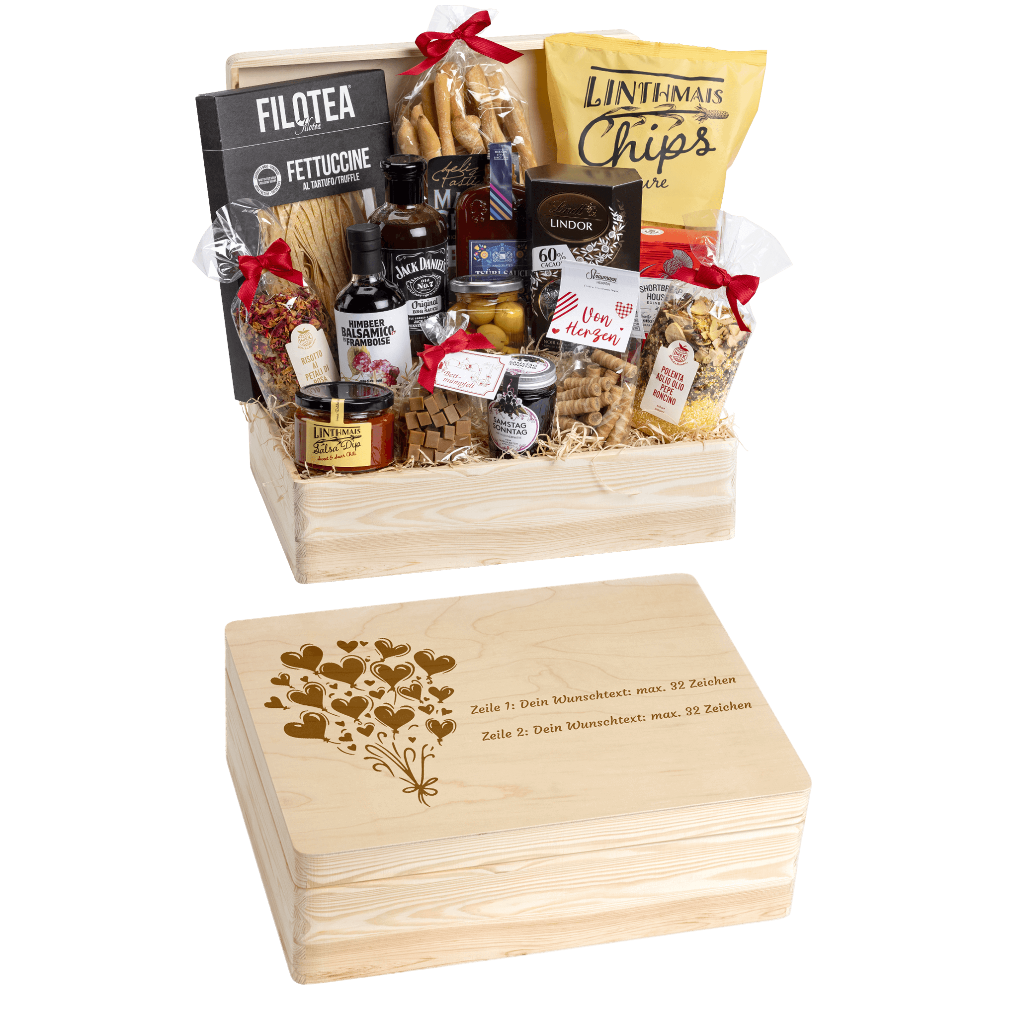 Holzbox kann mit Wunschtext und Wunsch-Sujet graviert werden. Auf der Holzbox ist das Sujet "Herz-Ballone" graviert. Das personalisierte Geschenk zur Hochzeit. 