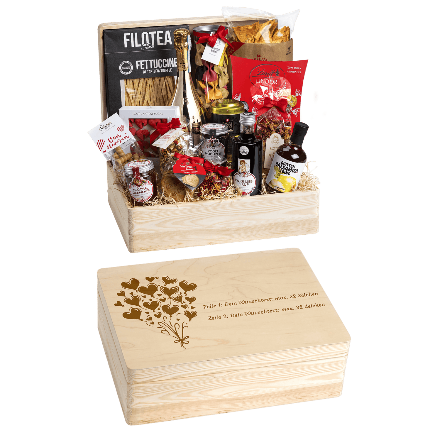 Geschenkkorb Genuss und Liebe - Erinnerungsbox Grande (Preis inkl. Gravur)