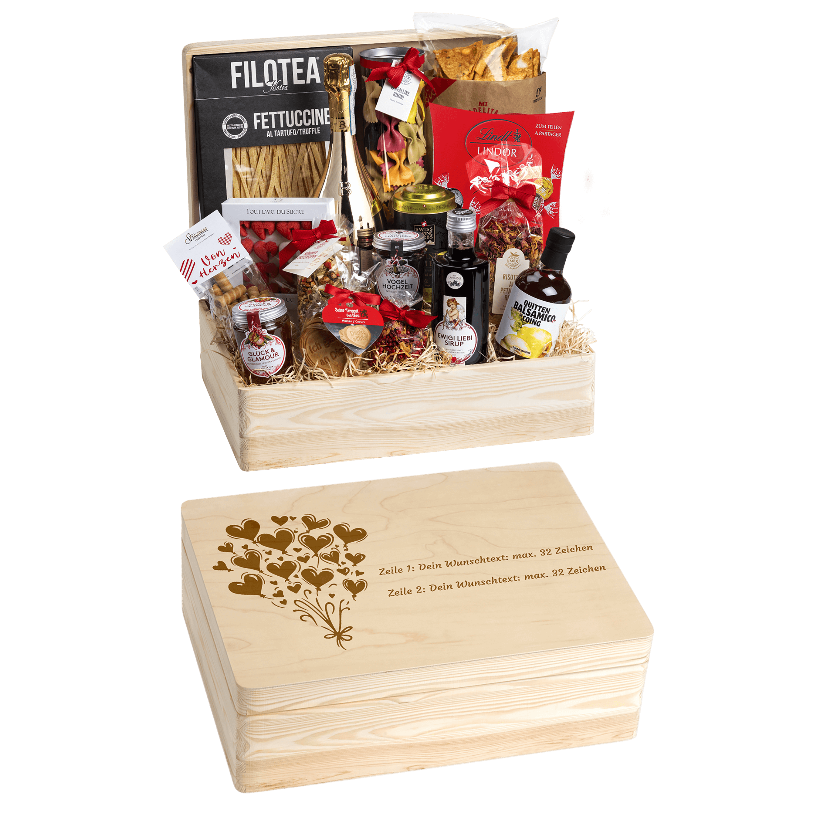 Geschenkkorb Genuss und Liebe - Erinnerungsbox Grande (Preis inkl. Gravur)