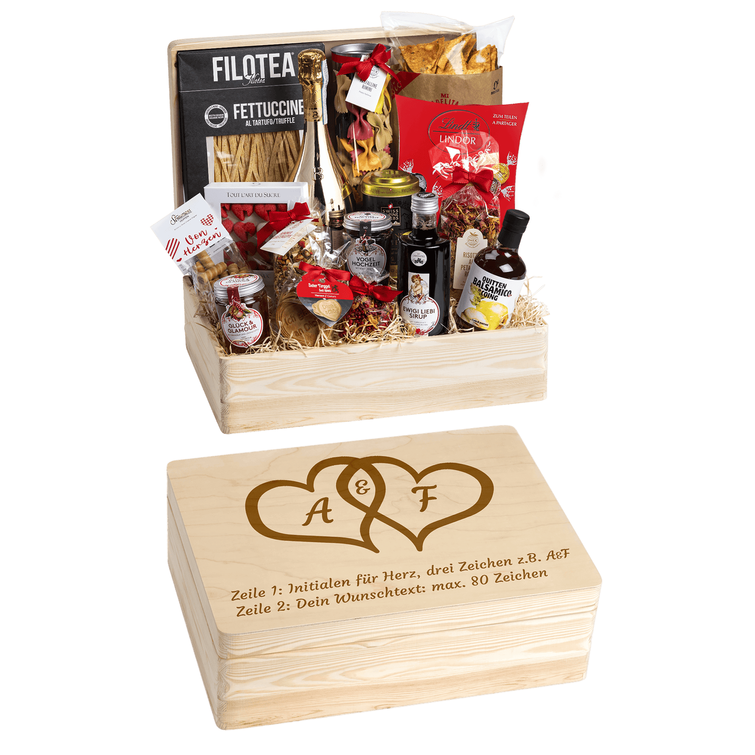 Geschenkkorb Genuss und Liebe - Erinnerungsbox Grande (Preis inkl. Gravur)