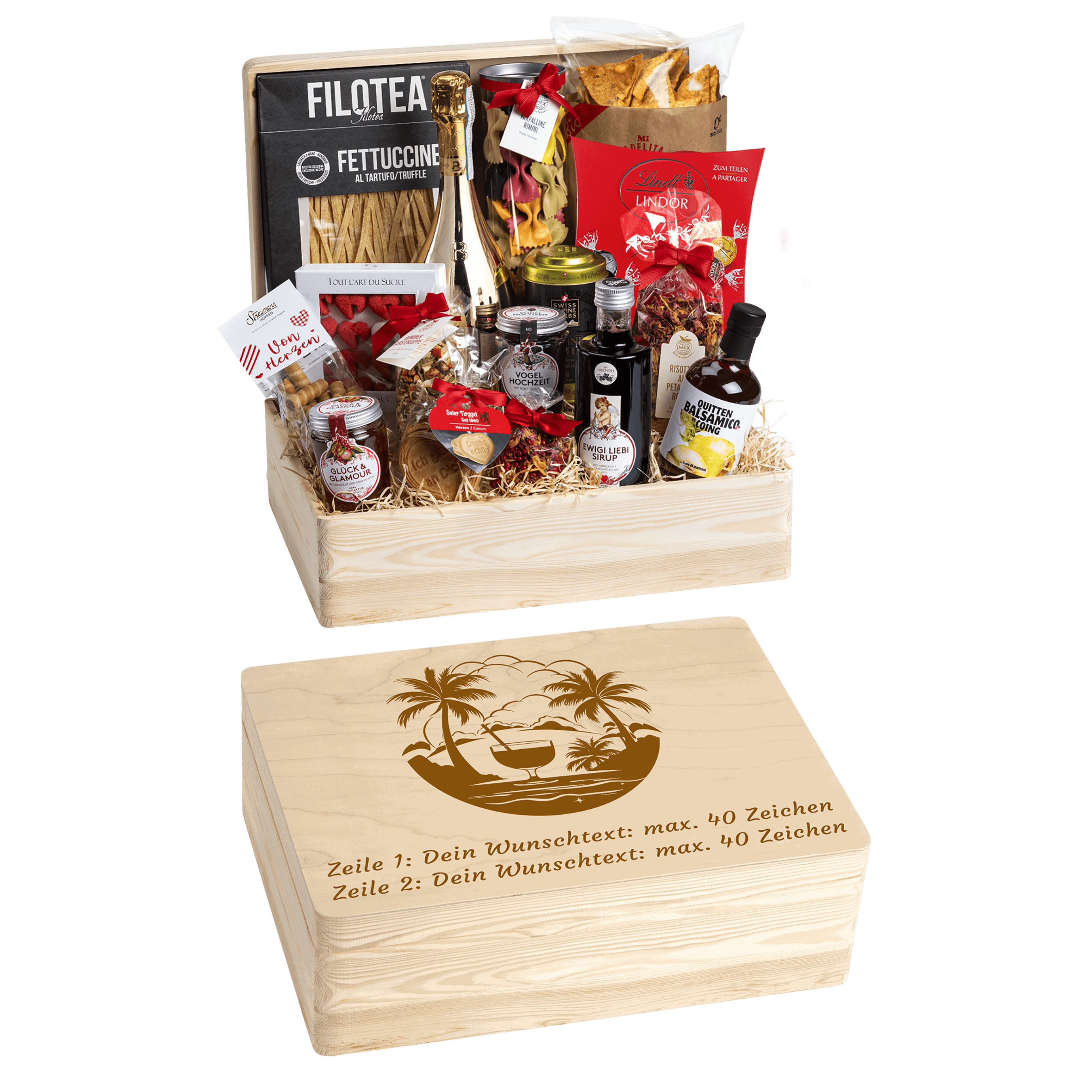 Geschenkkorb Genuss und Liebe - Erinnerungsbox Grande (Preis inkl. Gravur)