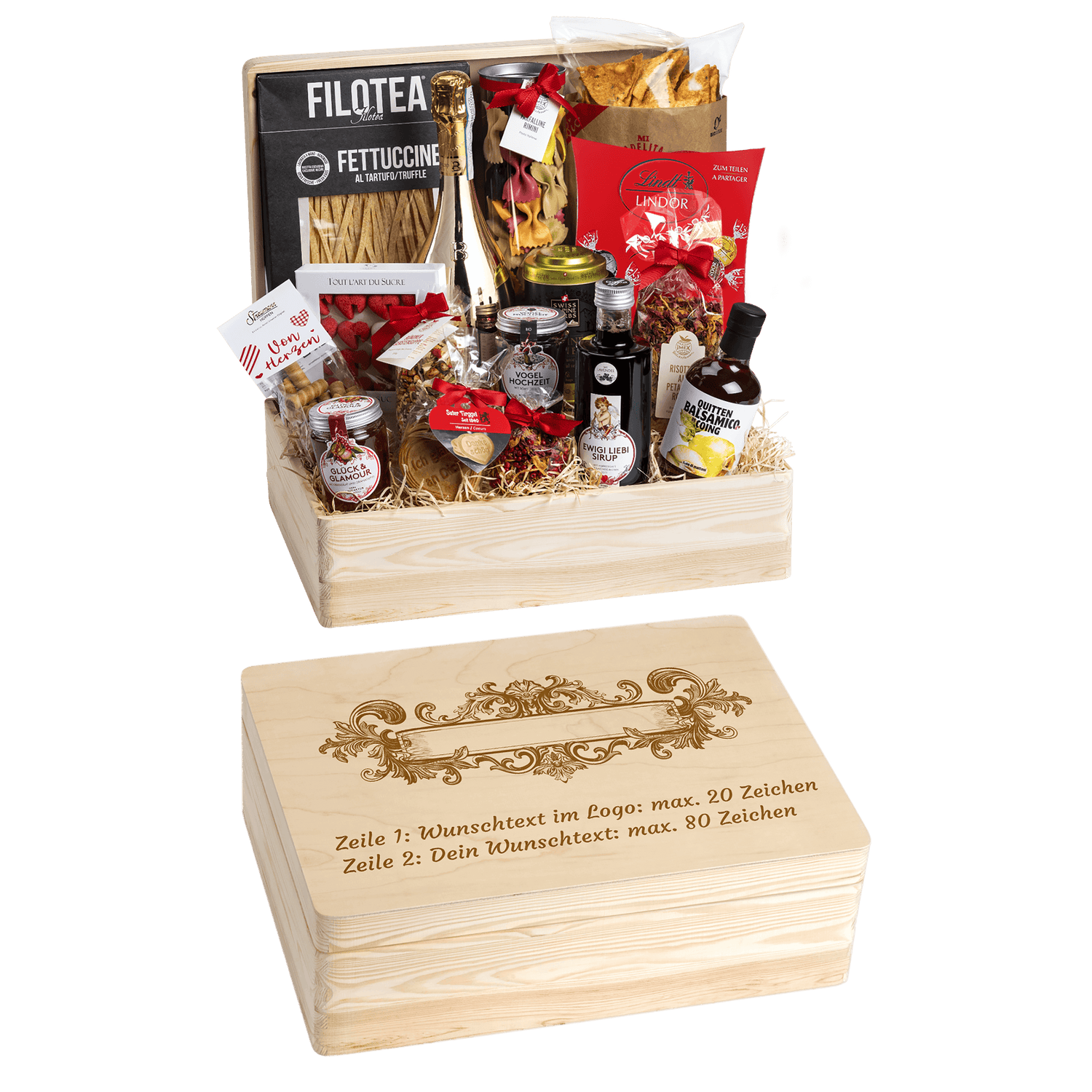 Geschenkkorb Genuss und Liebe - Erinnerungsbox Grande (Preis inkl. Gravur)