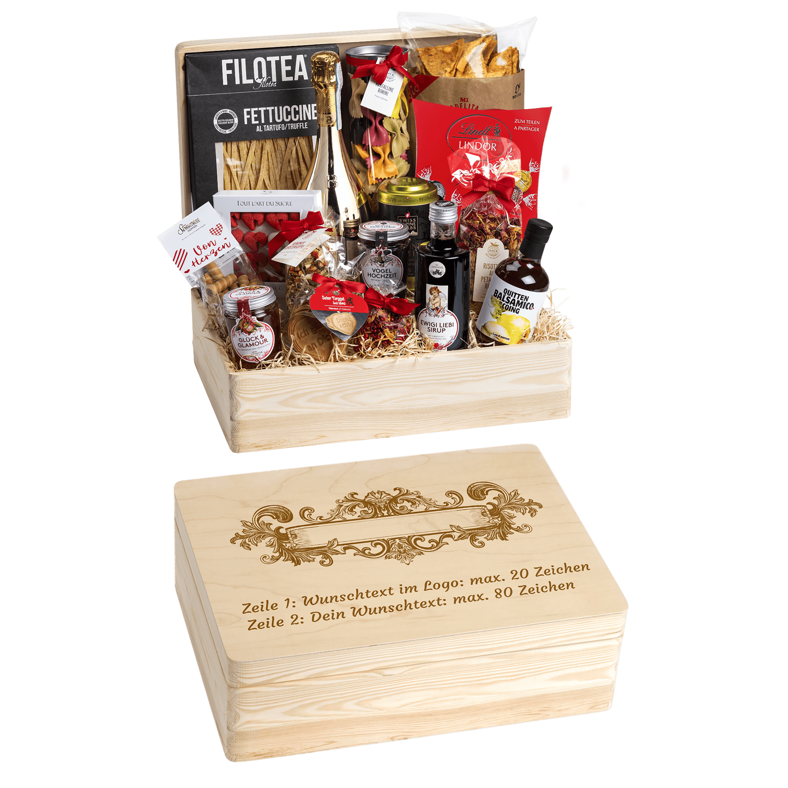 Geschenkkorb Genuss und Liebe - Erinnerungsbox Grande (Preis inkl. Gravur)