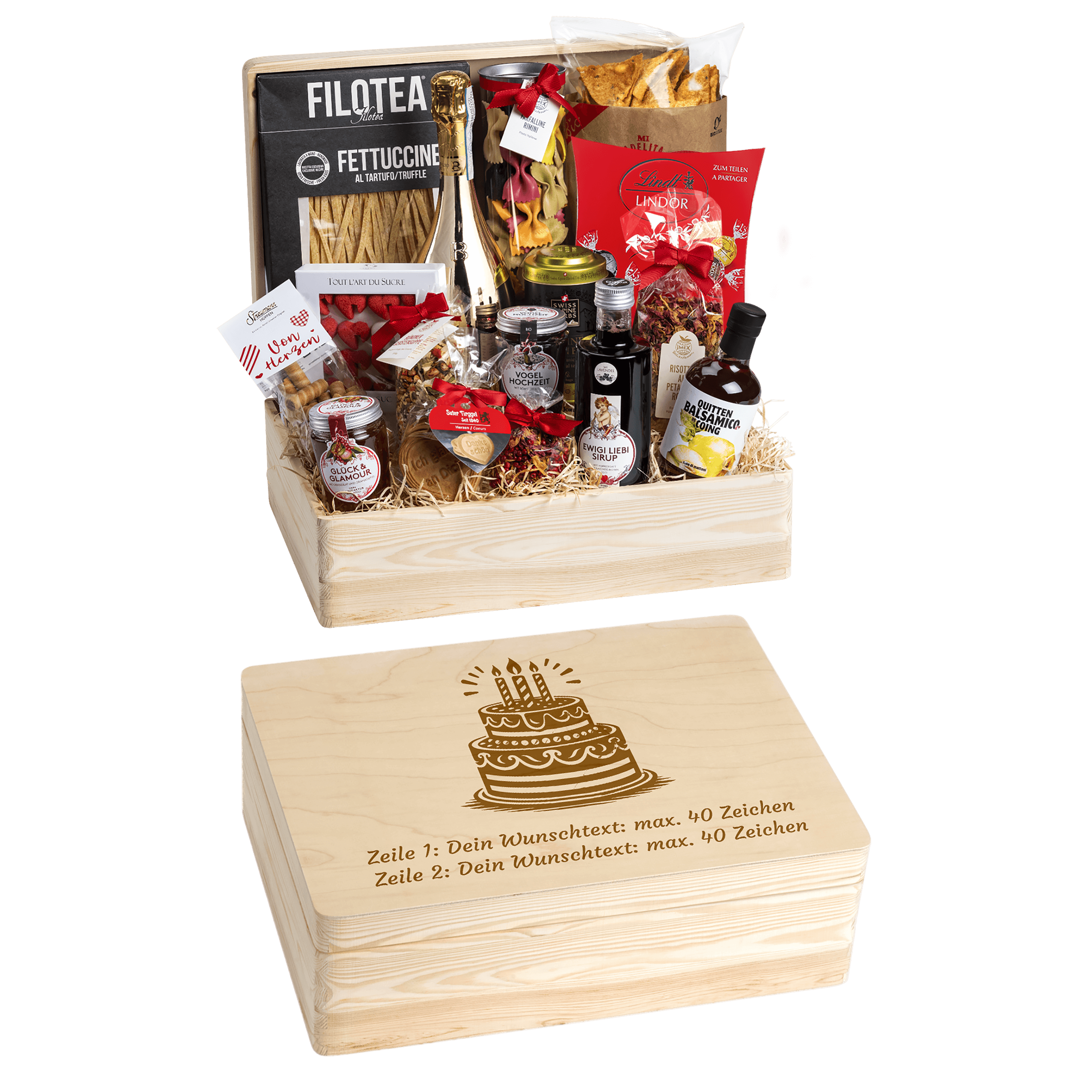 Geschenkkorb Genuss und Liebe - Erinnerungsbox Grande (Preis inkl. Gravur)