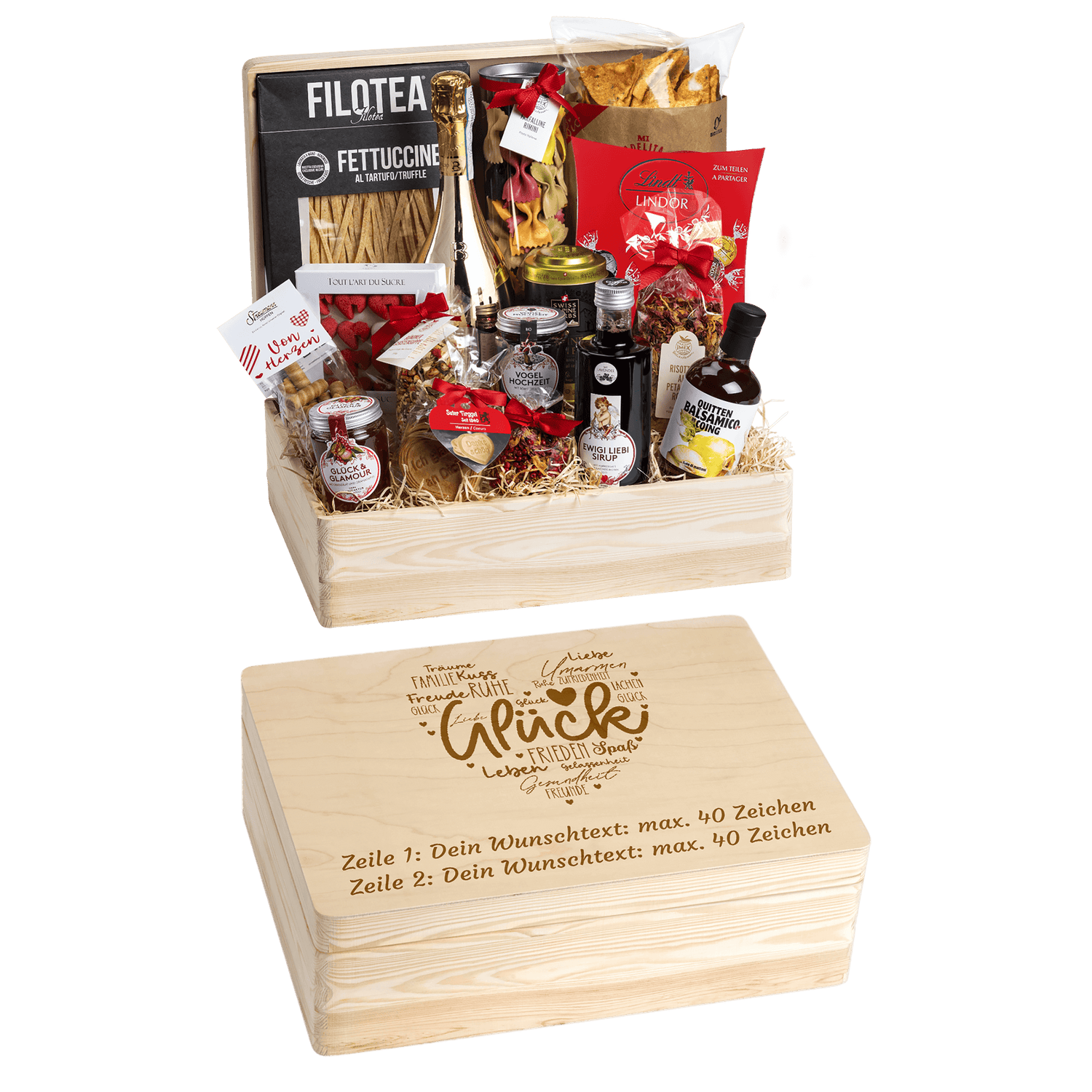 Geschenkkorb Genuss und Liebe - Erinnerungsbox Grande (Preis inkl. Gravur)