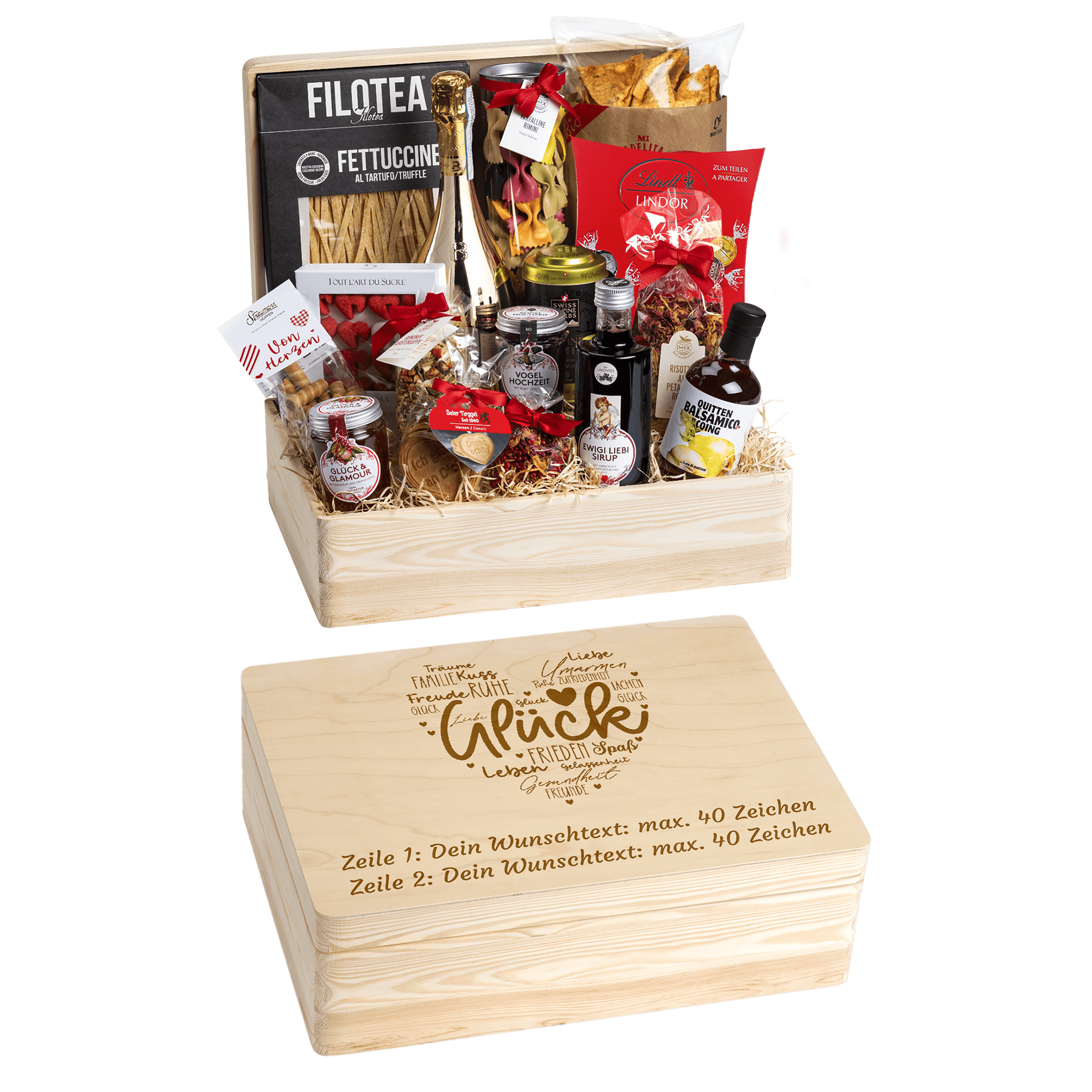 Geschenkkorb Genuss und Liebe - Erinnerungsbox Grande (Preis inkl. Gravur)