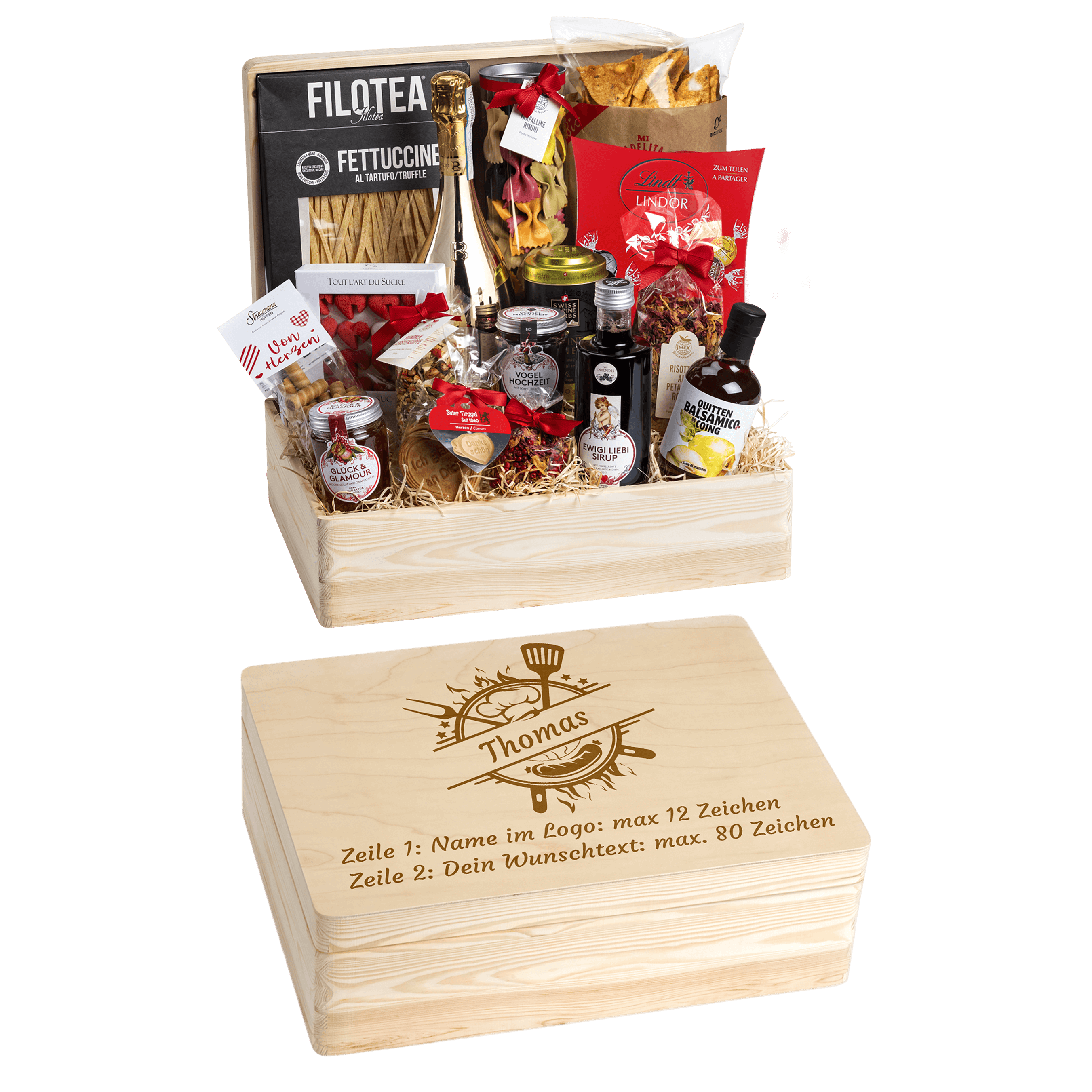 Geschenkkorb Genuss und Liebe - Erinnerungsbox Grande (Preis inkl. Gravur)