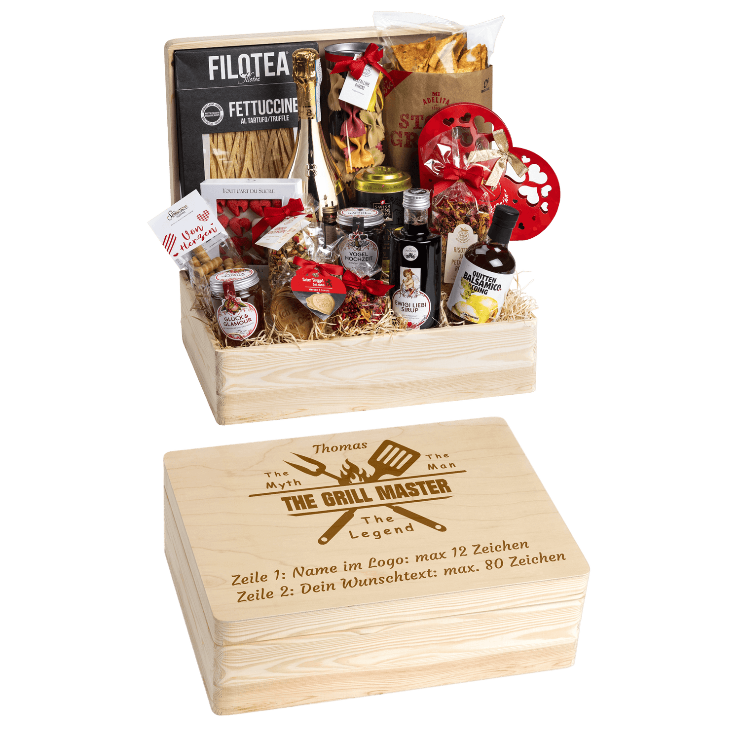 Geschenkkorb Genuss und Liebe - Erinnerungsbox Grande (Preis inkl. Gravur)